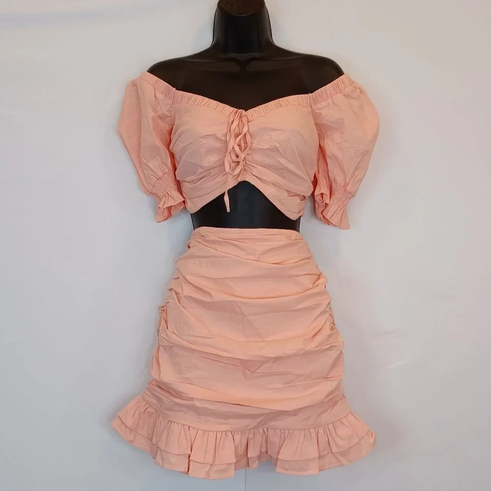 Privy WMN'S Sz L Ruched Smock 2 Piece Skirt Set Crop Puff Sleeve Ruffle Stretch - Picture 3 of 12